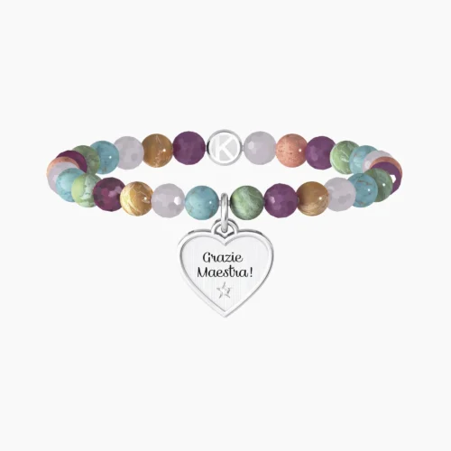 Bracciale Kidult in acciaio con pietre naturali multicolor Cuore Grazie Maestra