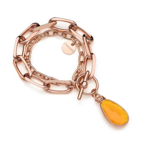 bracciale in bronzo placcato oro rosa con ciondolo ambra arancione unoaerre donna