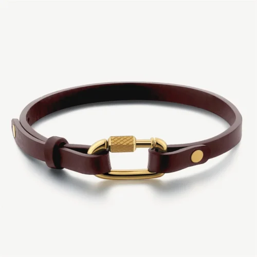 bracciale uomo in pelle marrone e acciaio dorato