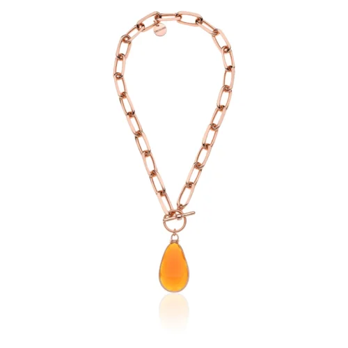 collana in bronzo placcato oro rosa con ciondolo ambra arancione unoaerre donna